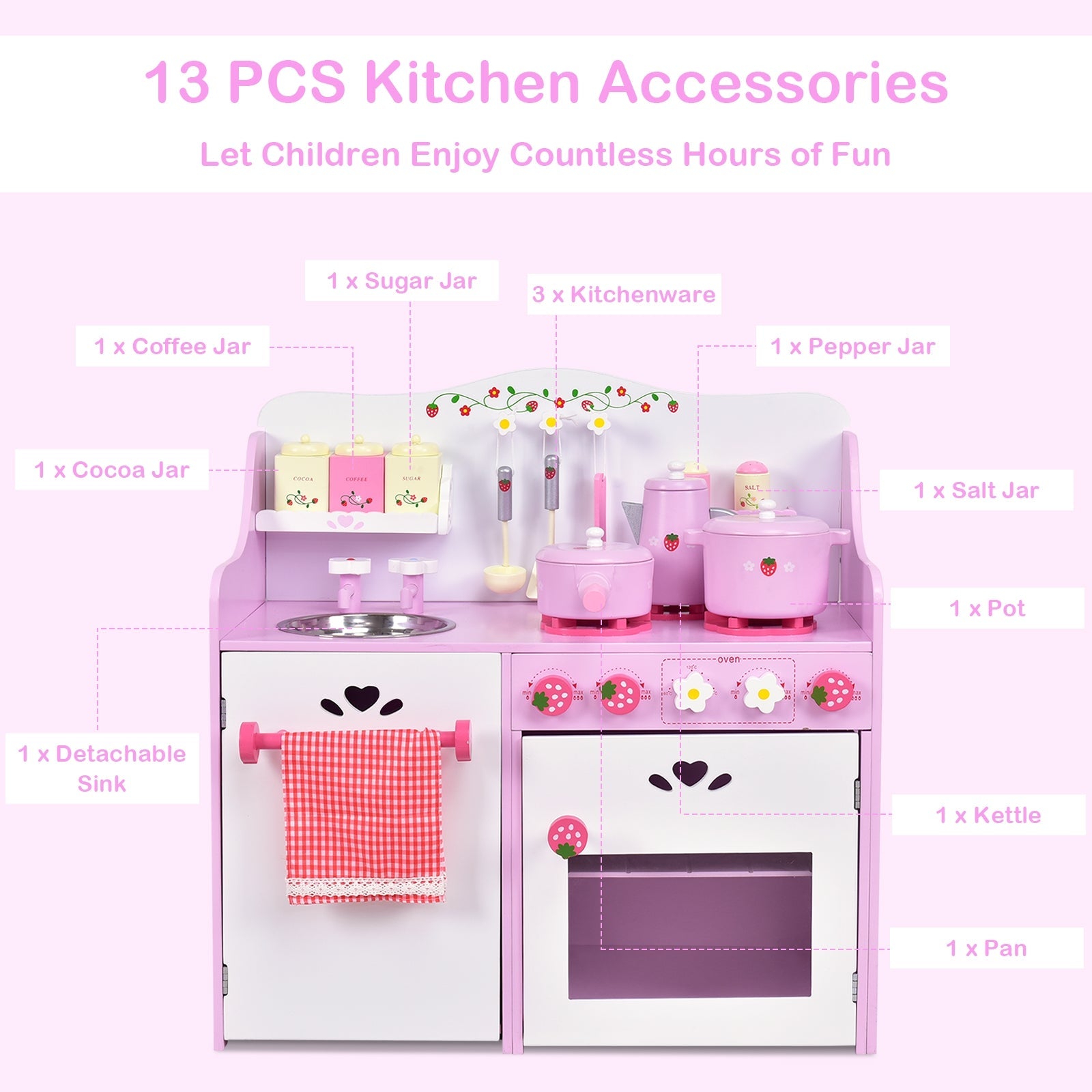 GBruno Kids Wooden Kitchen Toy Strawberry Pretend Cooking Playset