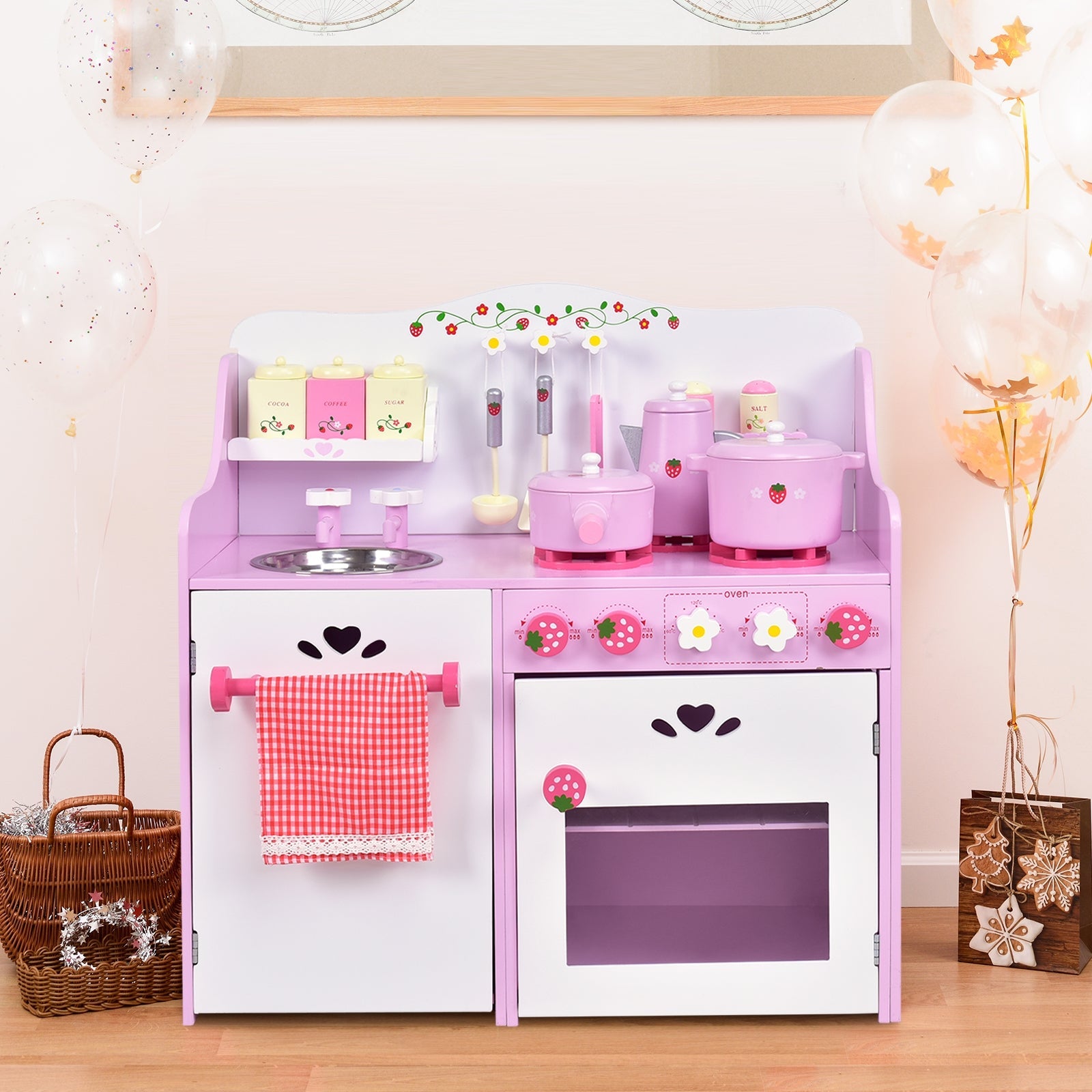 GBruno Kids Wooden Kitchen Toy Strawberry Pretend Cooking Playset