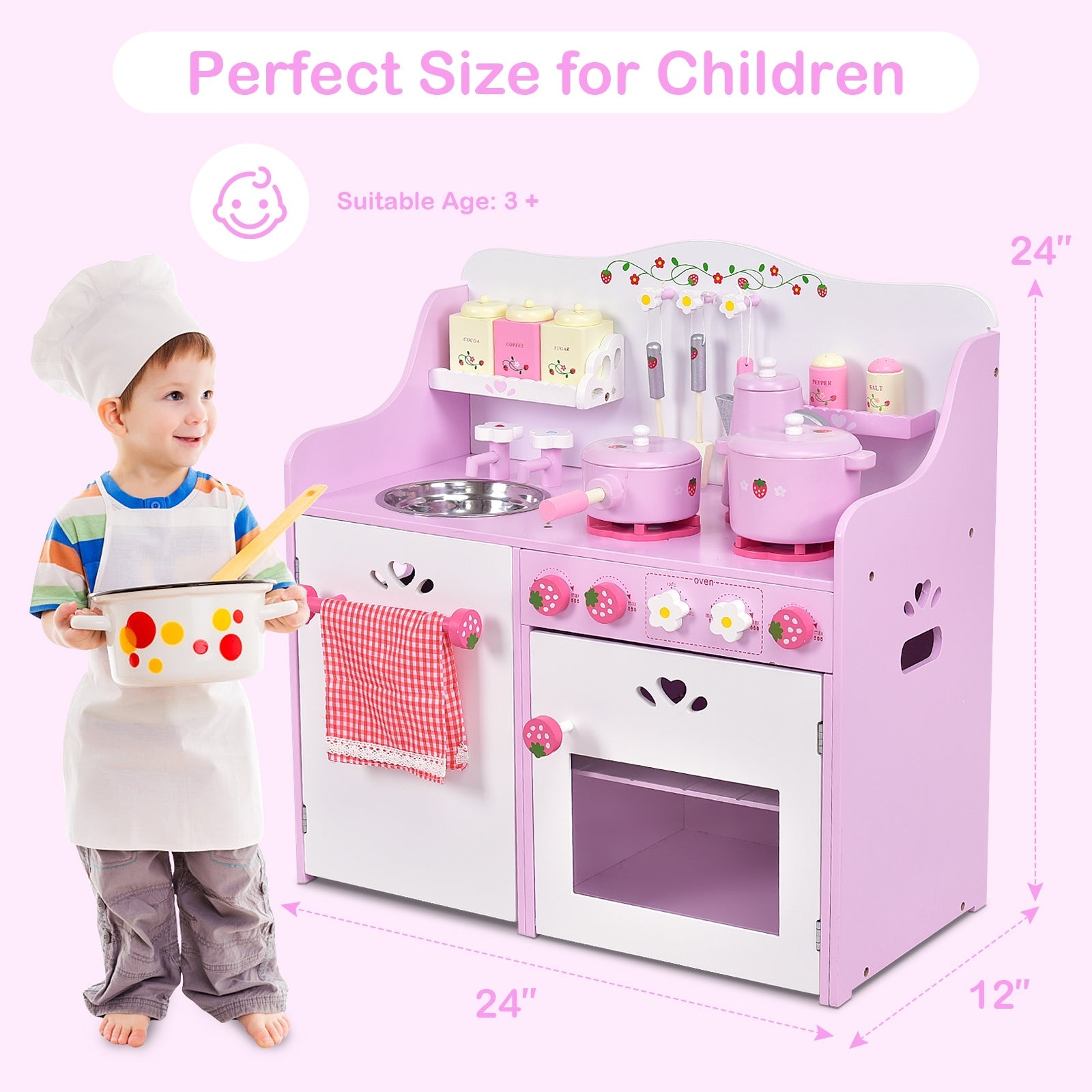 GBruno Kids Wooden Kitchen Toy Strawberry Pretend Cooking Playset