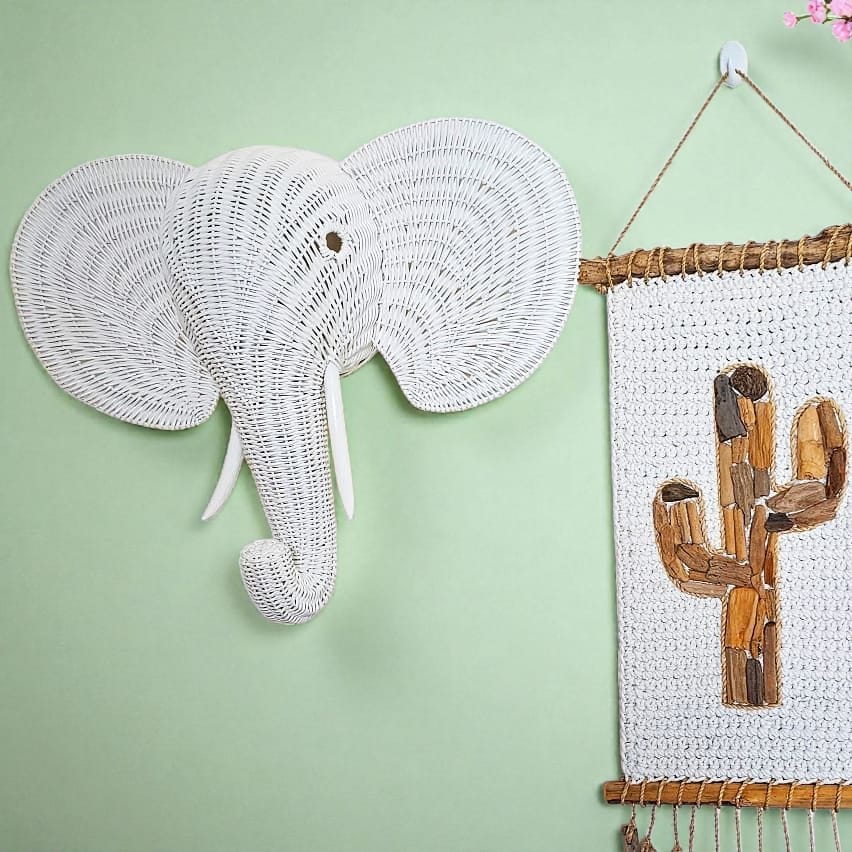 Lullaby Rattan Rattan Elephant Wall Decor – Safari Nursery Wall Art | Boho Kids Room Animal Head | Handmade Natural Rattan Décor