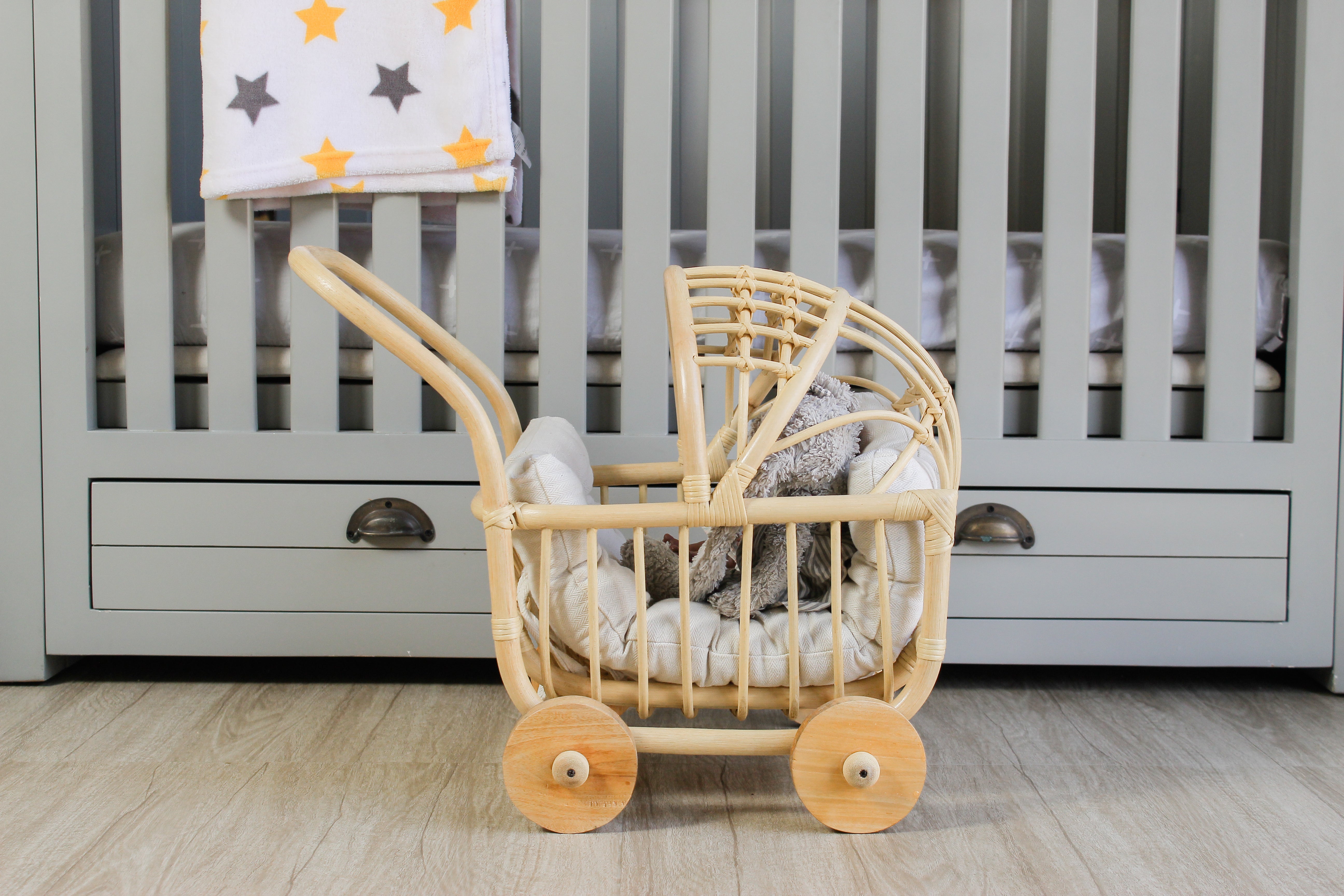 Lullaby Rattan Rattan Doll Stroller – Handmade Boho Doll Pram for Imaginative Play