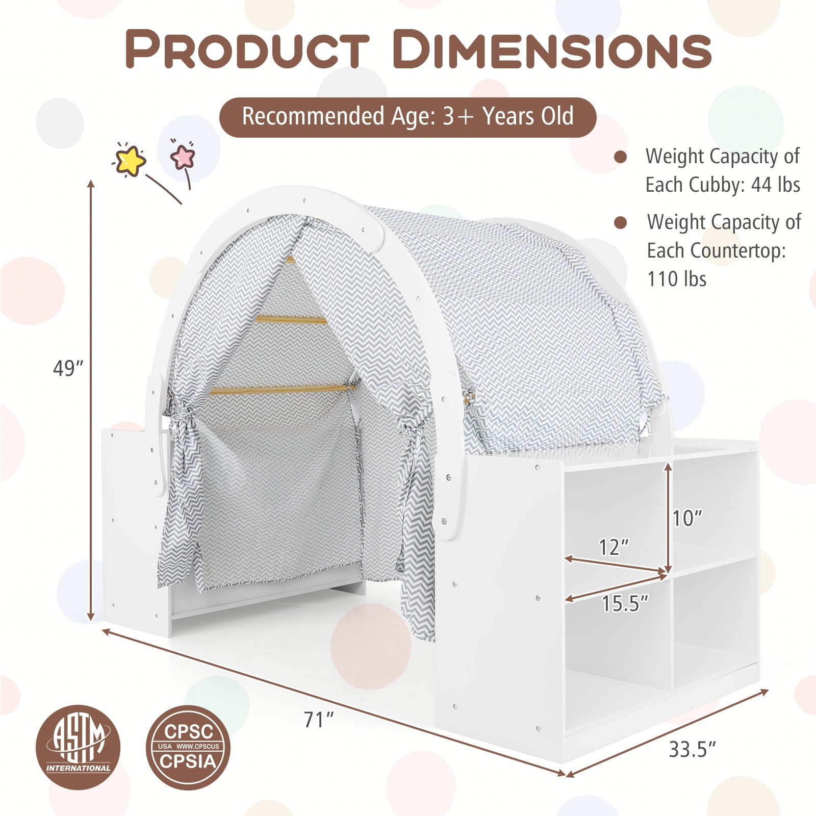 GBruno Wooden Kids Play Tent with Curtain Shades and 8 Cubbies-White