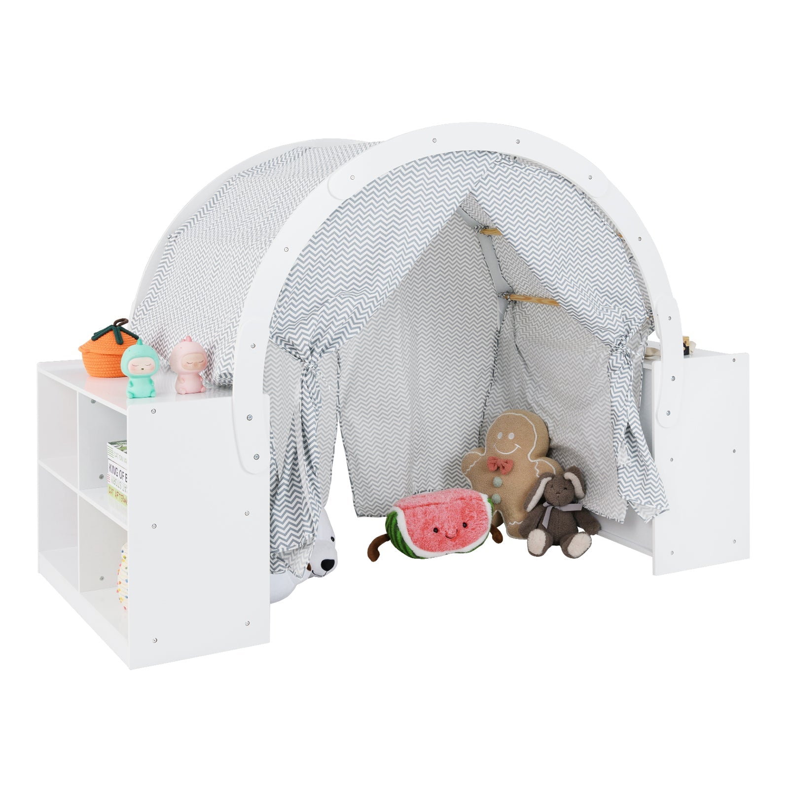 GBruno Wooden Kids Play Tent with Curtain Shades and 8 Cubbies-White