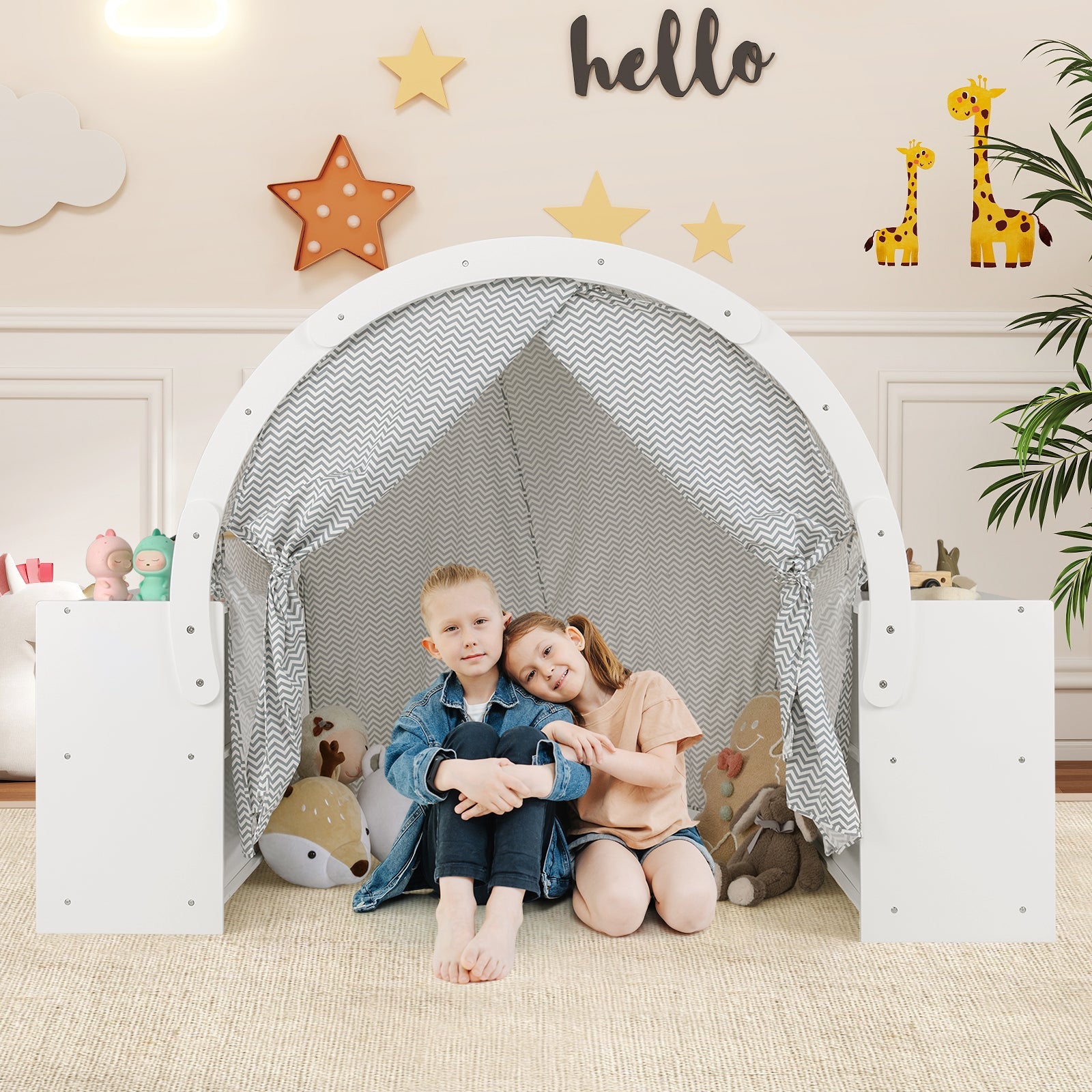 GBruno Wooden Kids Play Tent with Curtain Shades and 8 Cubbies-White