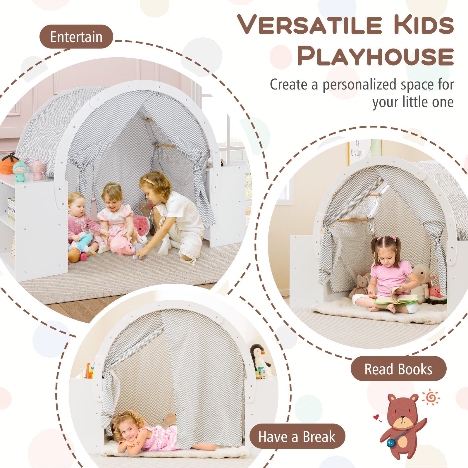 GBruno Wooden Kids Play Tent with Curtain Shades and 8 Cubbies-White