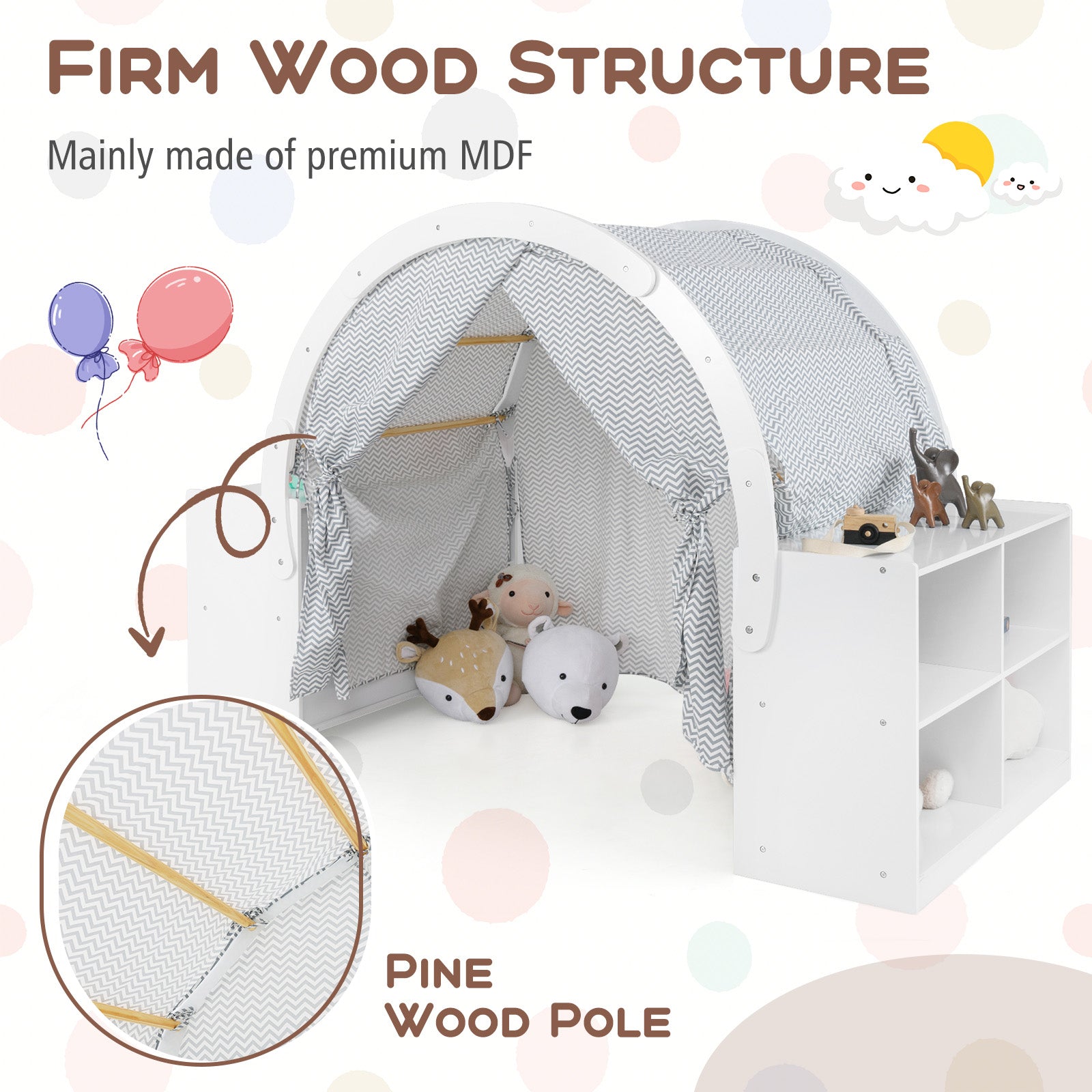 GBruno Wooden Kids Play Tent with Curtain Shades and 8 Cubbies-White