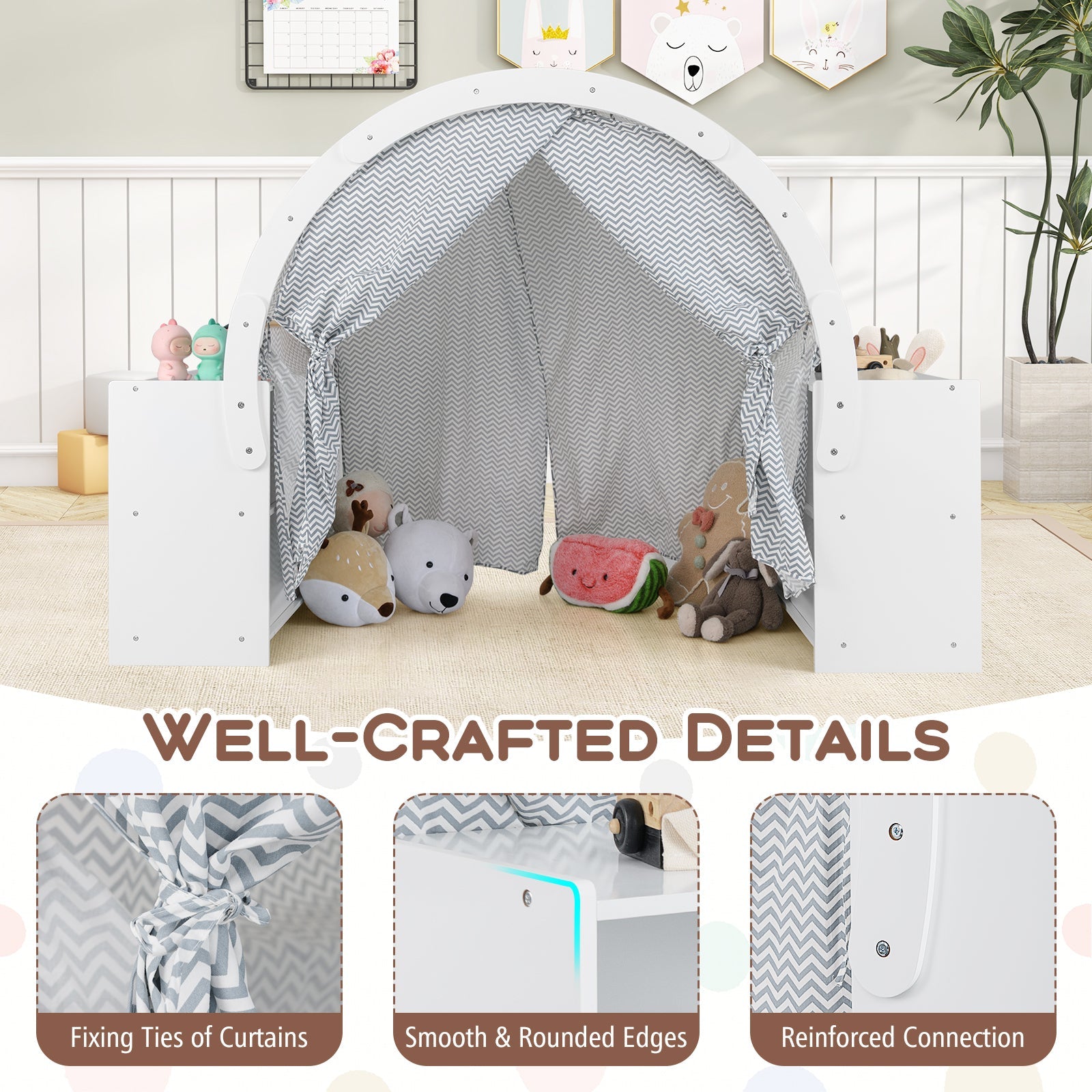 GBruno Wooden Kids Play Tent with Curtain Shades and 8 Cubbies-White