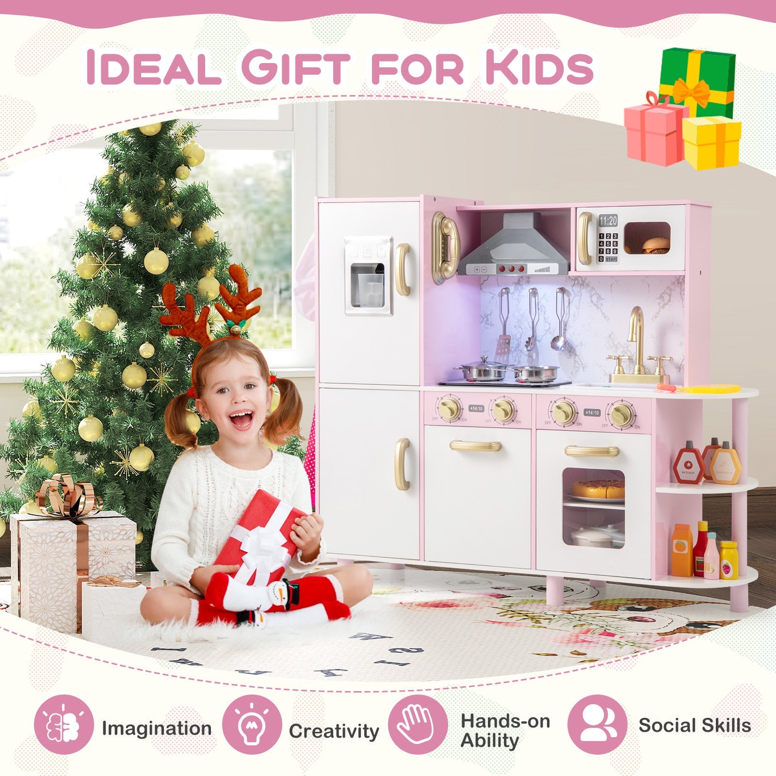 GBruno Wooden Kitchen Playset with Ice Maker and Sounds for Ages 3+-Pink