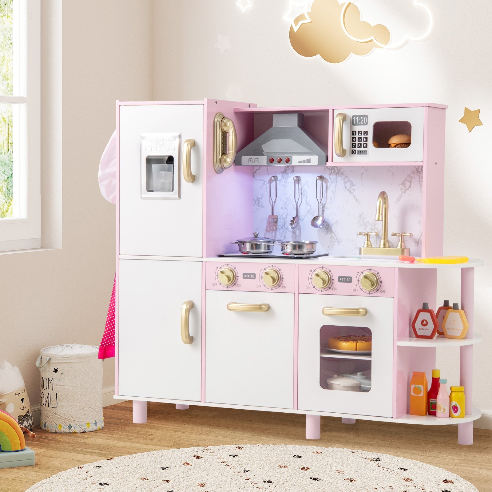GBruno Wooden Kitchen Playset with Ice Maker and Sounds for Ages 3+-Pink