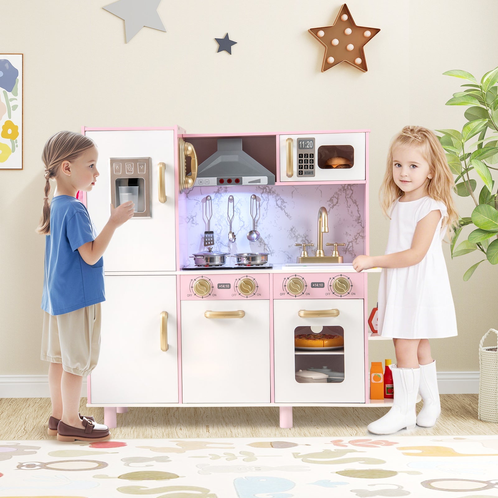 GBruno Wooden Kitchen Playset with Ice Maker and Sounds for Ages 3+-Pink