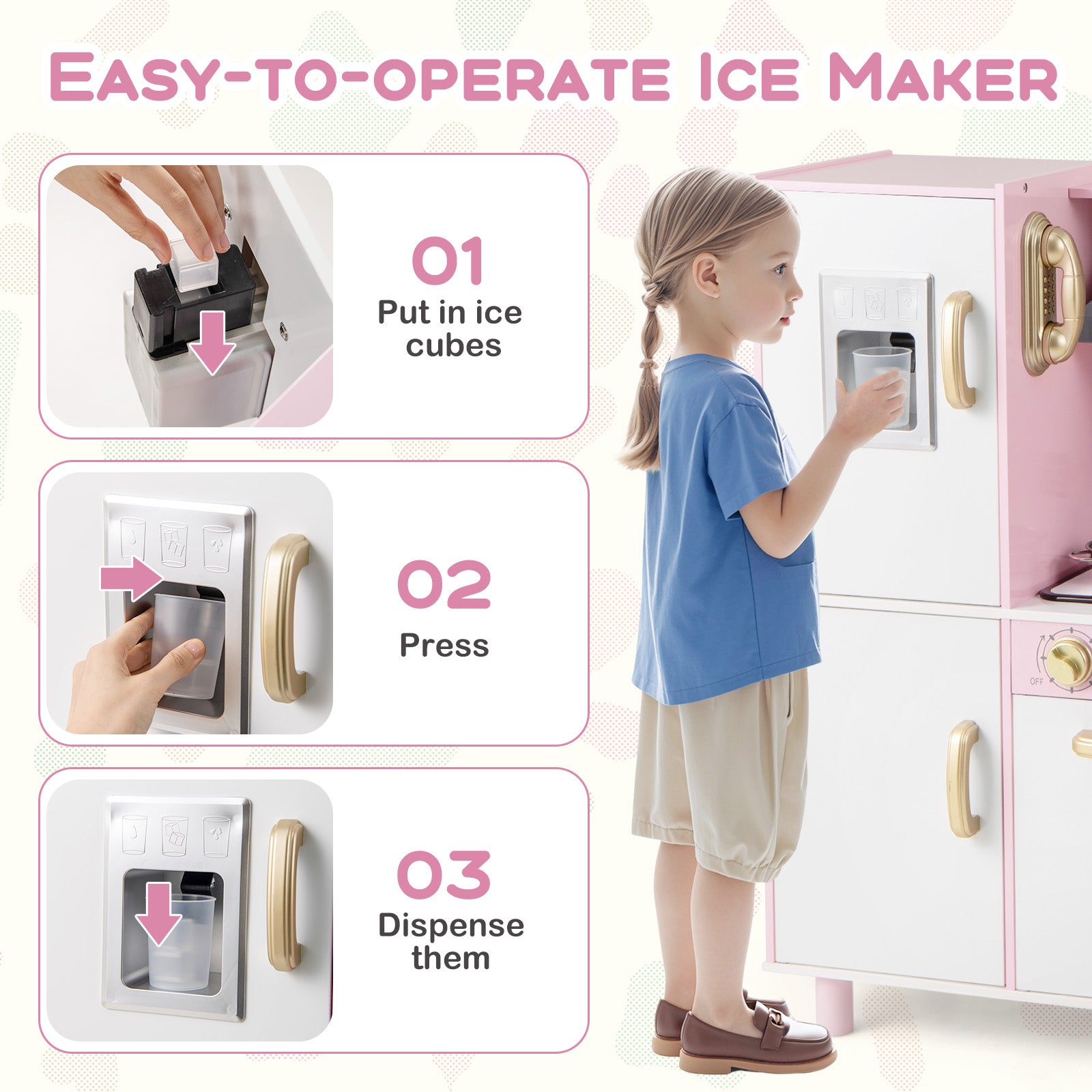 GBruno Wooden Kitchen Playset with Ice Maker and Sounds for Ages 3+-Pink