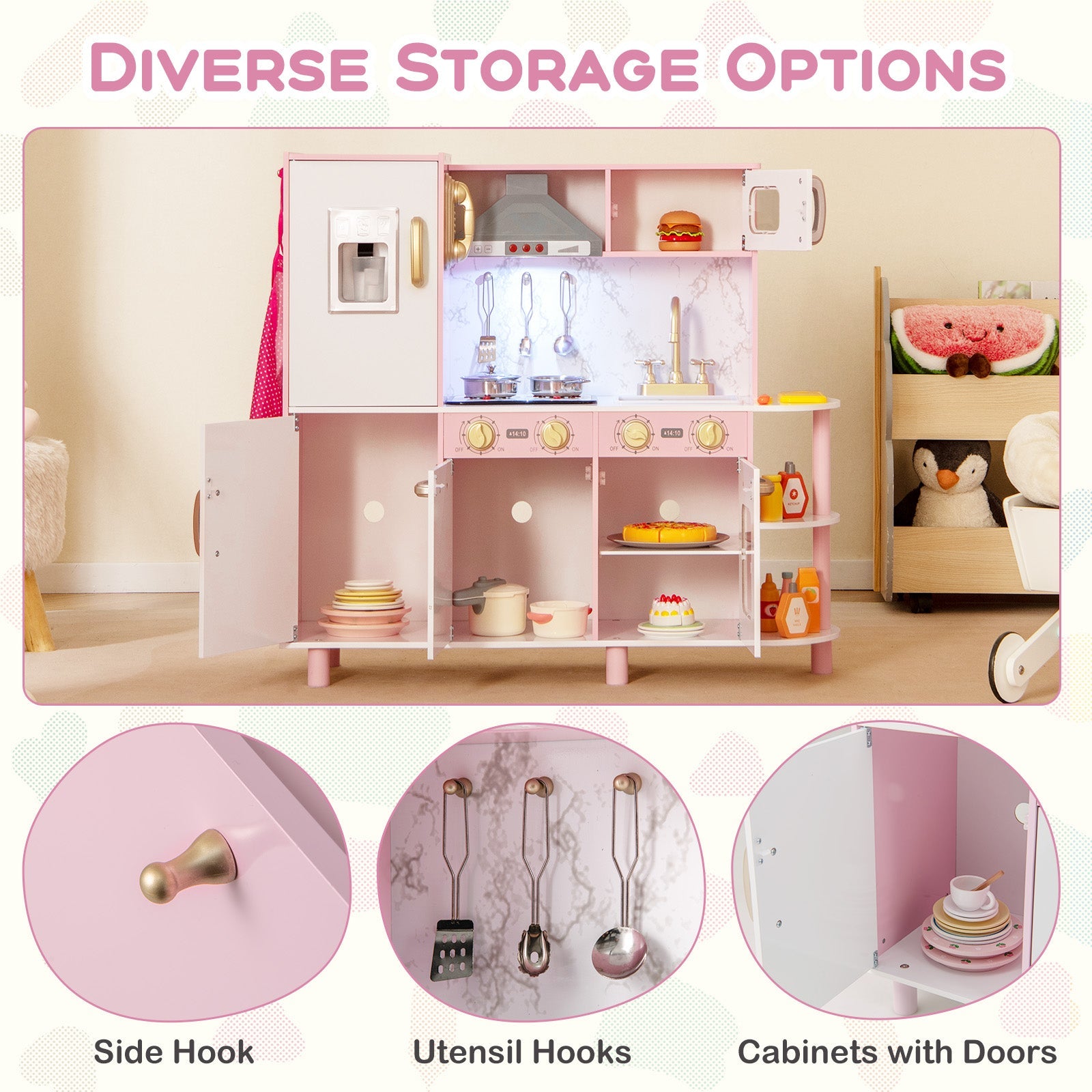 GBruno Wooden Kitchen Playset with Ice Maker and Sounds for Ages 3+-Pink