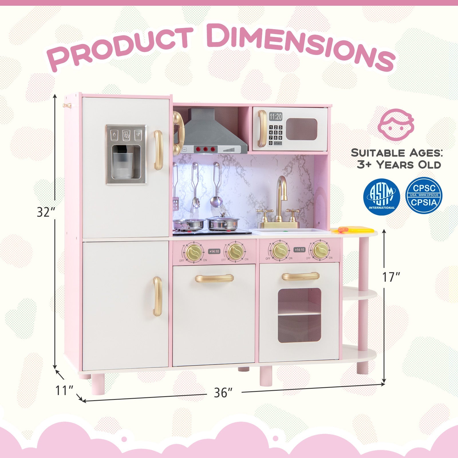 GBruno Wooden Kitchen Playset with Ice Maker and Sounds for Ages 3+-Pink