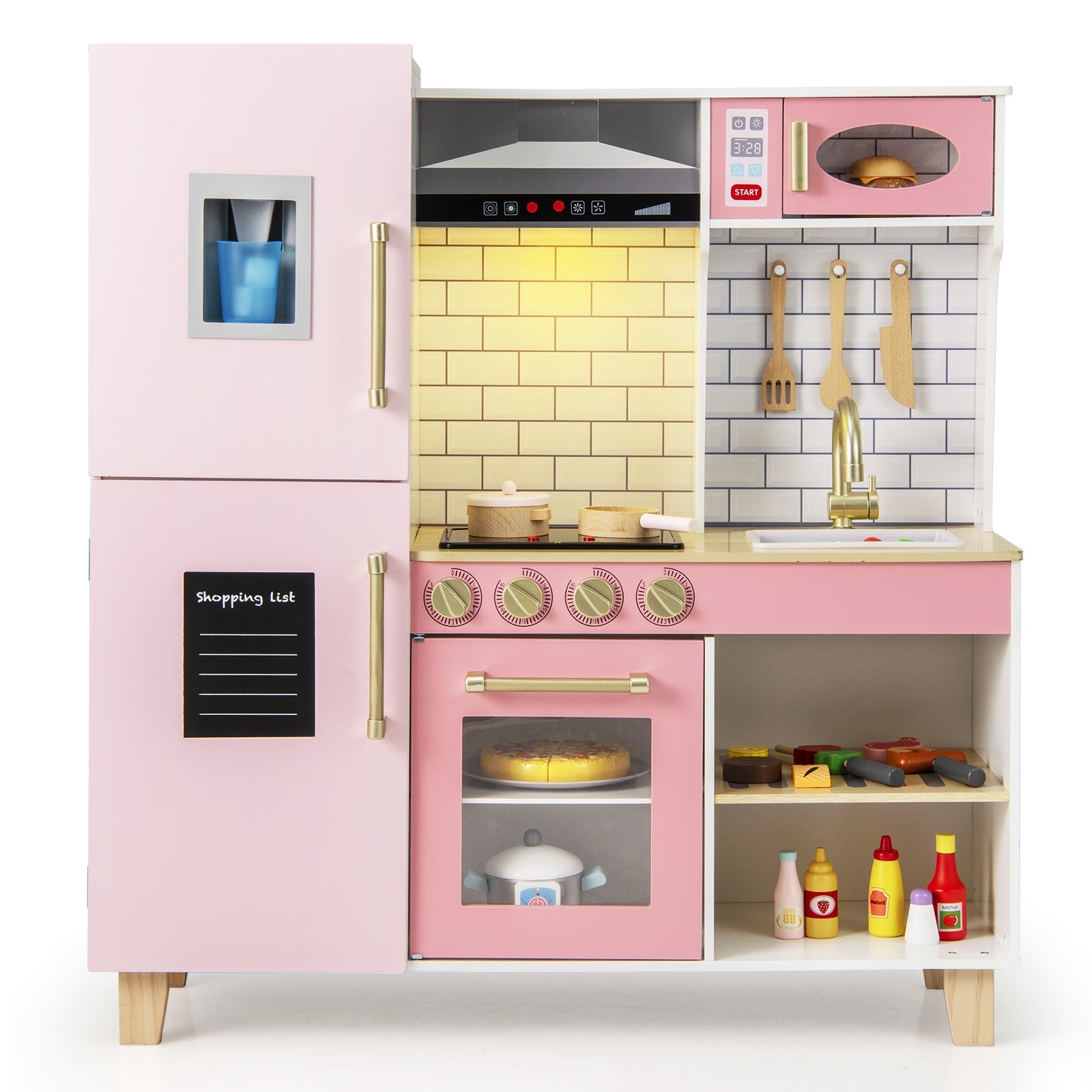 GBruno Wooden Pretend Play Kitchen with Ice Maker Range Hood and Blackboard-Pink GBruno Store