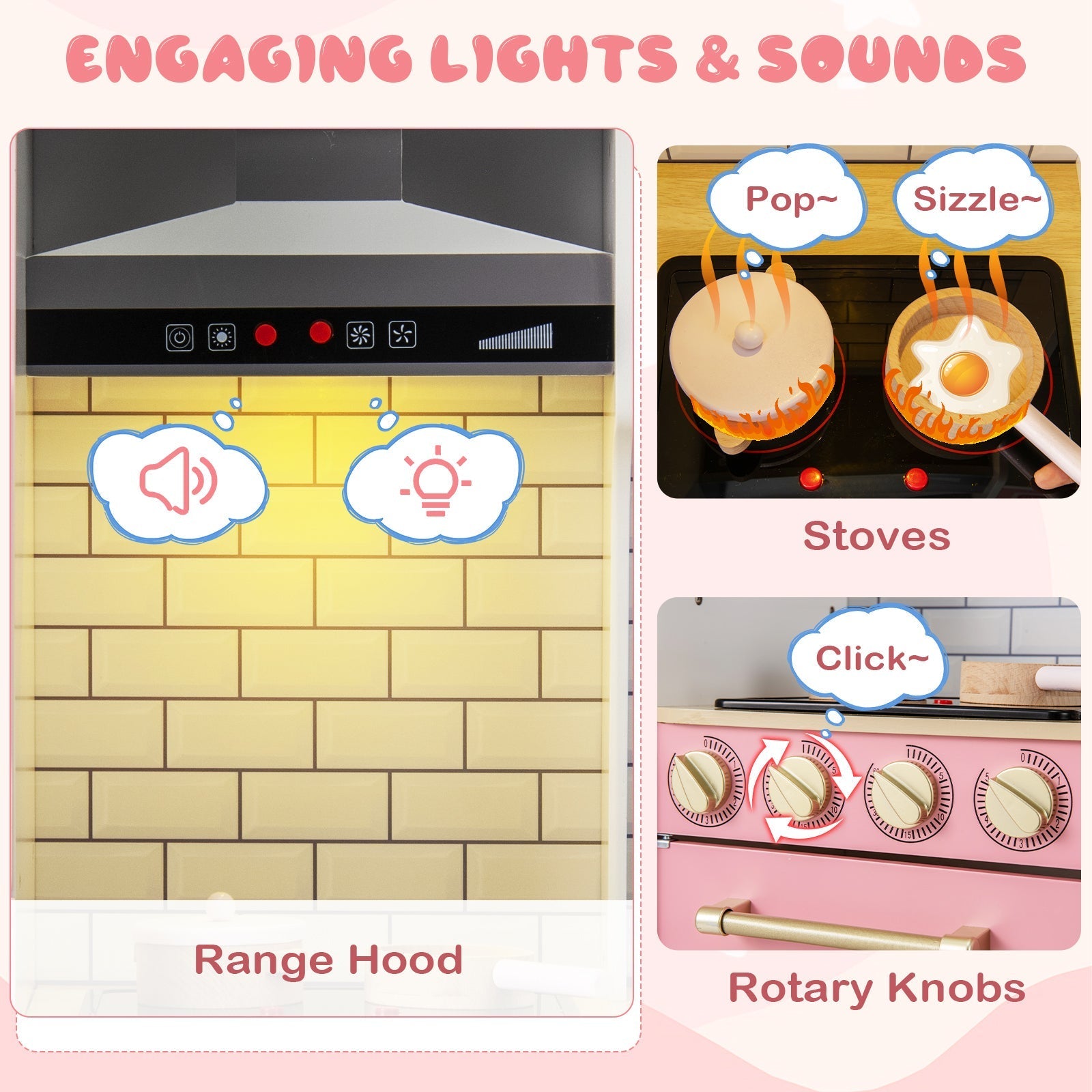 GBruno Wooden Pretend Play Kitchen with Ice Maker Range Hood and Blackboard-Pink GBruno Store