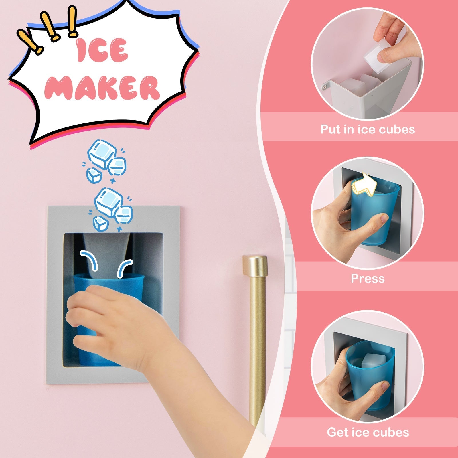 GBruno Wooden Pretend Play Kitchen with Ice Maker Range Hood and Blackboard-Pink GBruno Store