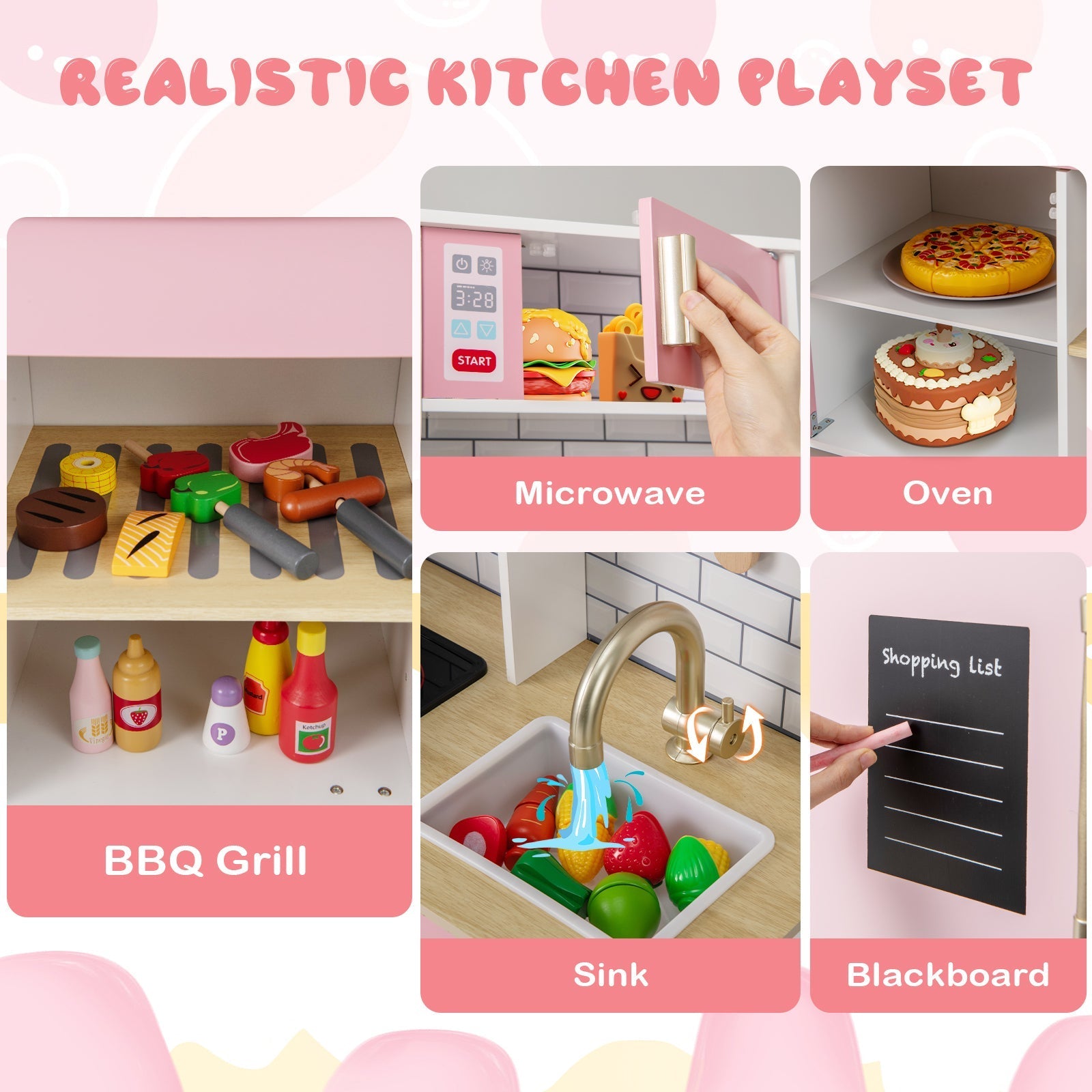 GBruno Wooden Pretend Play Kitchen with Ice Maker Range Hood and Blackboard-Pink GBruno Store