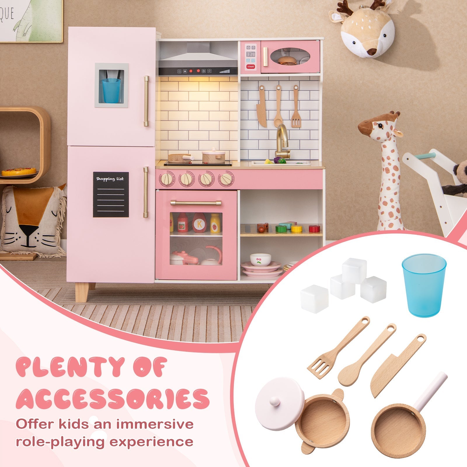 GBruno Wooden Pretend Play Kitchen with Ice Maker Range Hood and Blackboard-Pink GBruno Store