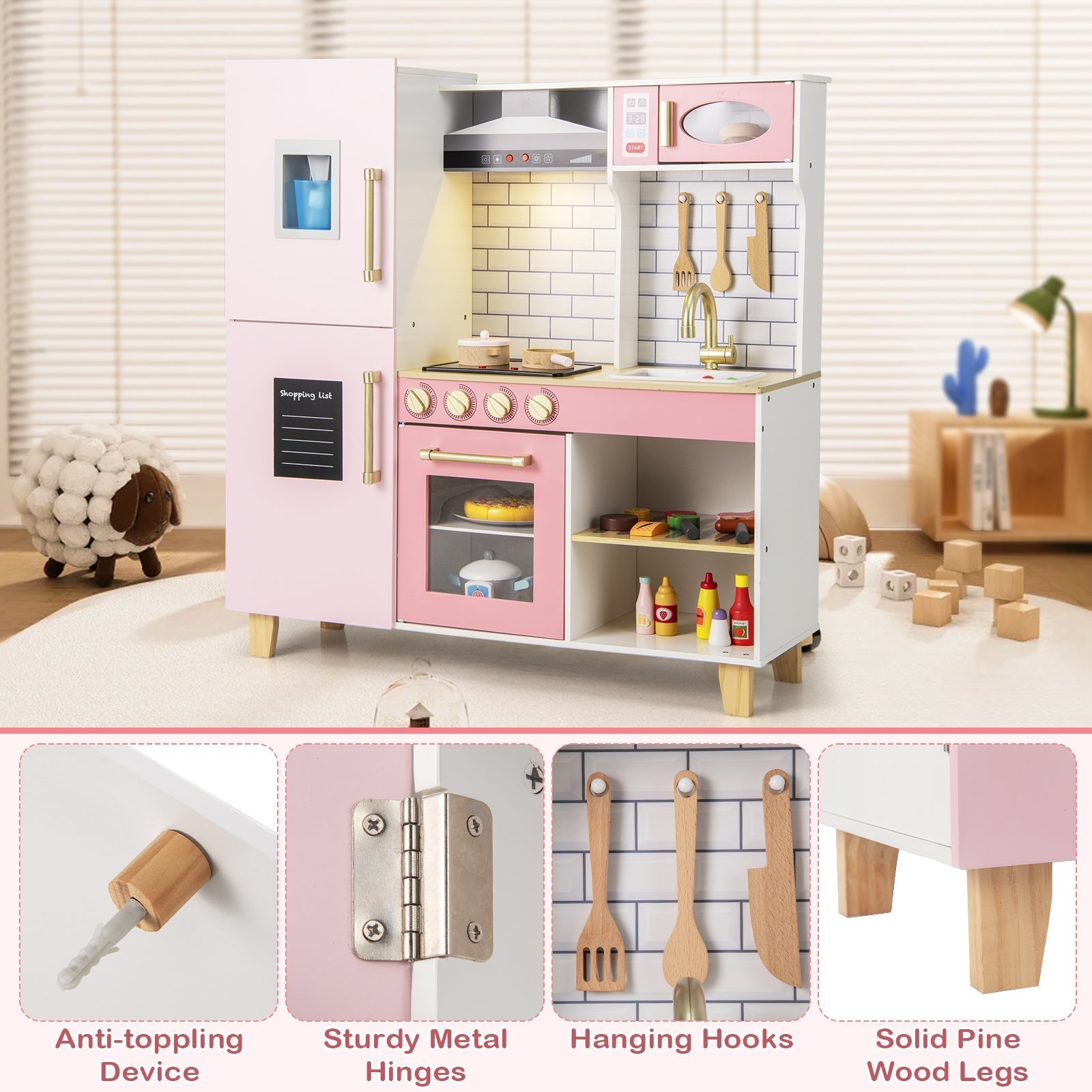 GBruno Wooden Pretend Play Kitchen with Ice Maker Range Hood and Blackboard-Pink GBruno Store