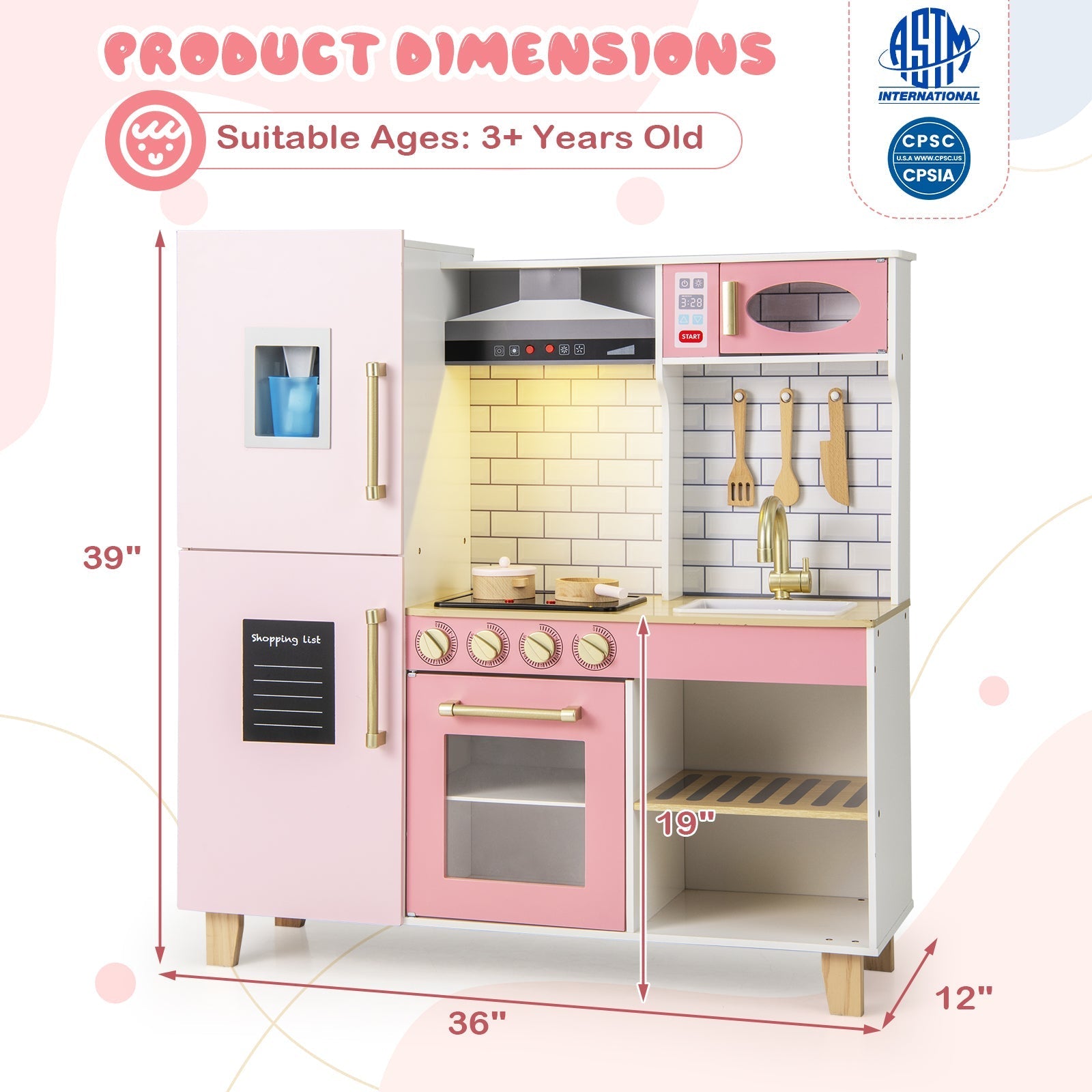 GBruno Wooden Pretend Play Kitchen with Ice Maker Range Hood and Blackboard-Pink GBruno Store