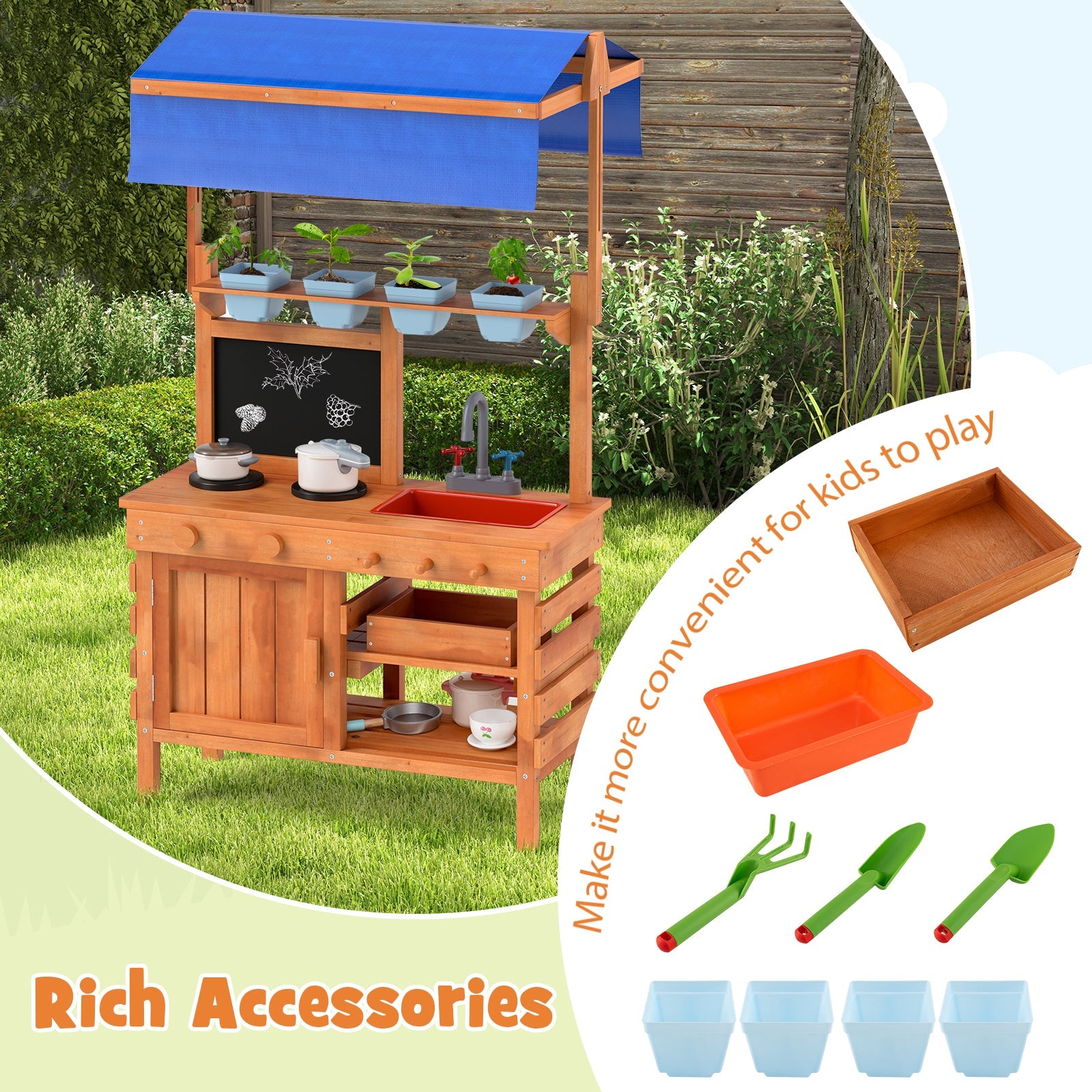 GBruno Wooden Pretend Play Kitchen with Height Adjustable Canopy for Kids-Natural