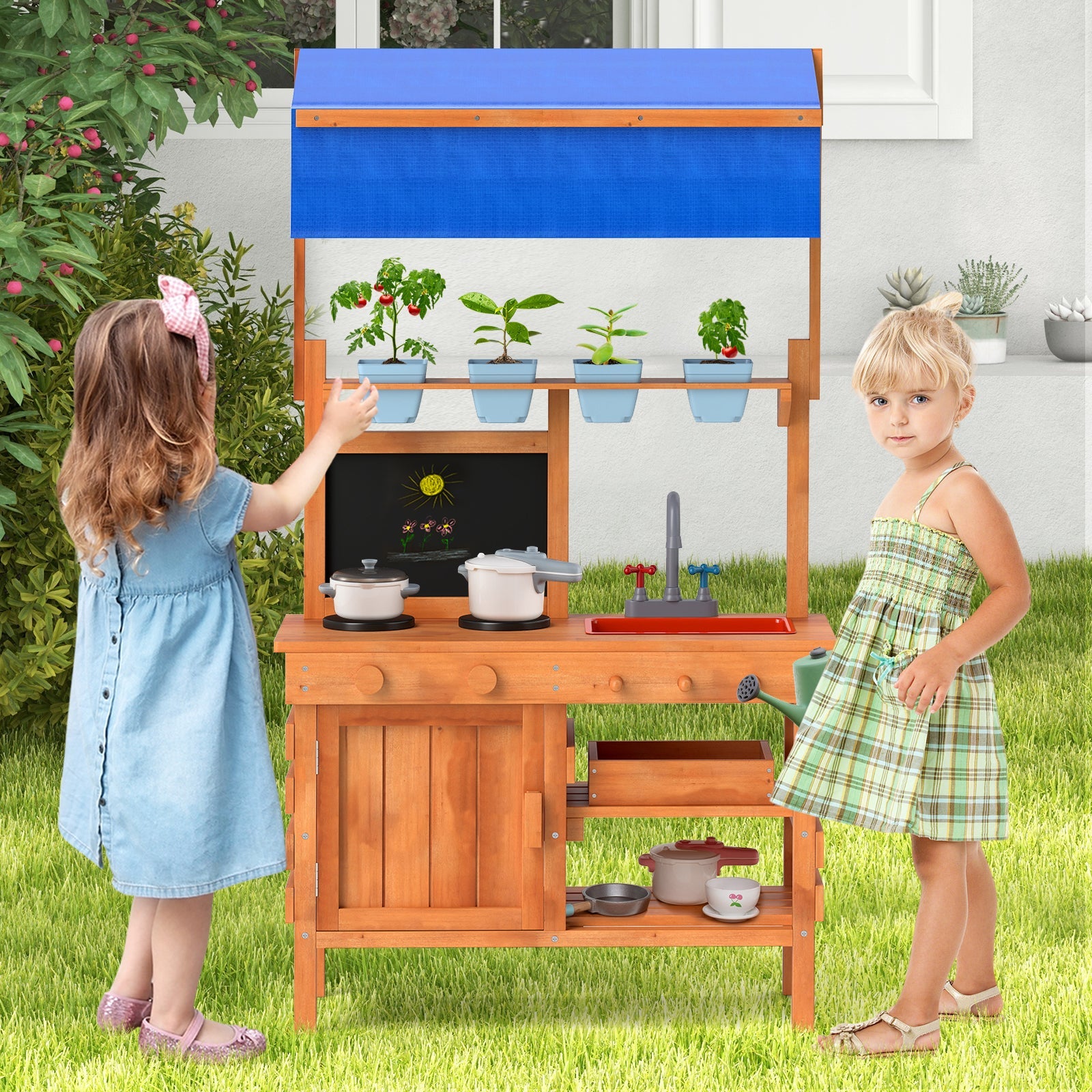 GBruno Wooden Pretend Play Kitchen with Height Adjustable Canopy for Kids-Natural