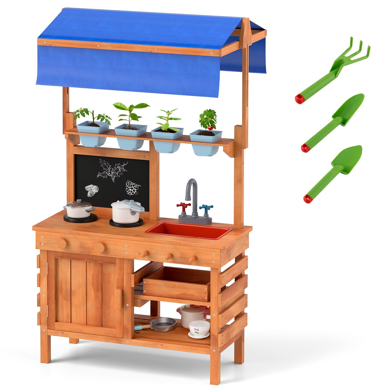 GBruno Wooden Pretend Play Kitchen with Height Adjustable Canopy for Kids-Natural