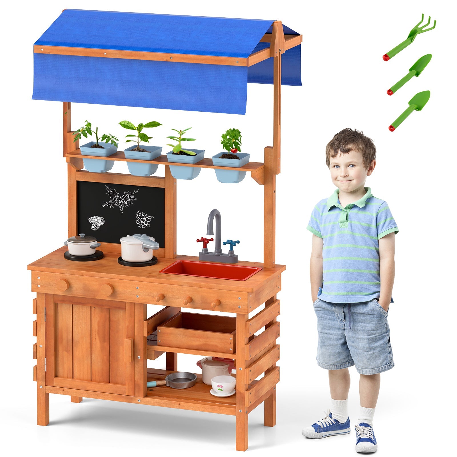 GBruno Wooden Pretend Play Kitchen with Height Adjustable Canopy for Kids-Natural