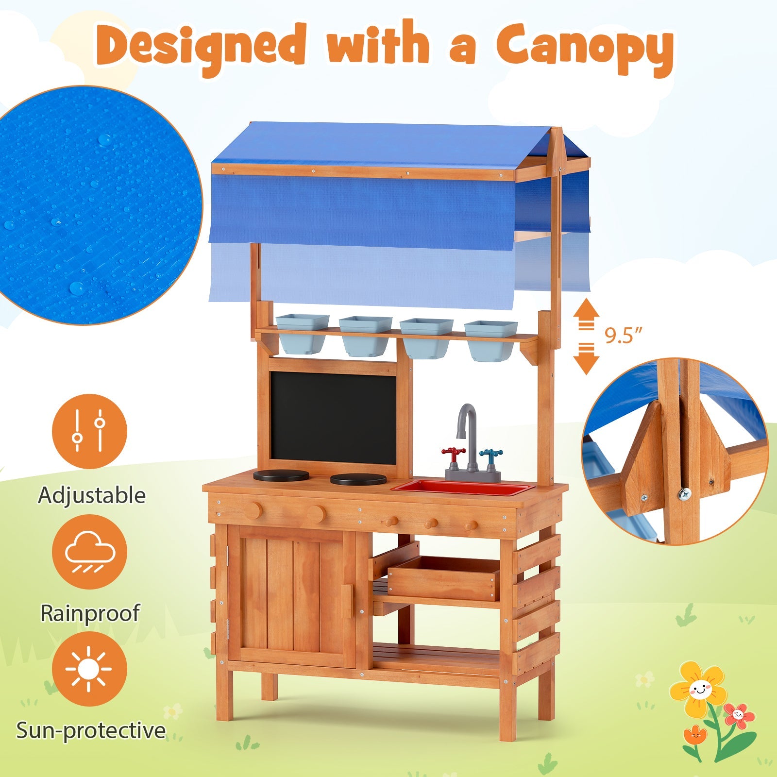 GBruno Wooden Pretend Play Kitchen with Height Adjustable Canopy for Kids-Natural