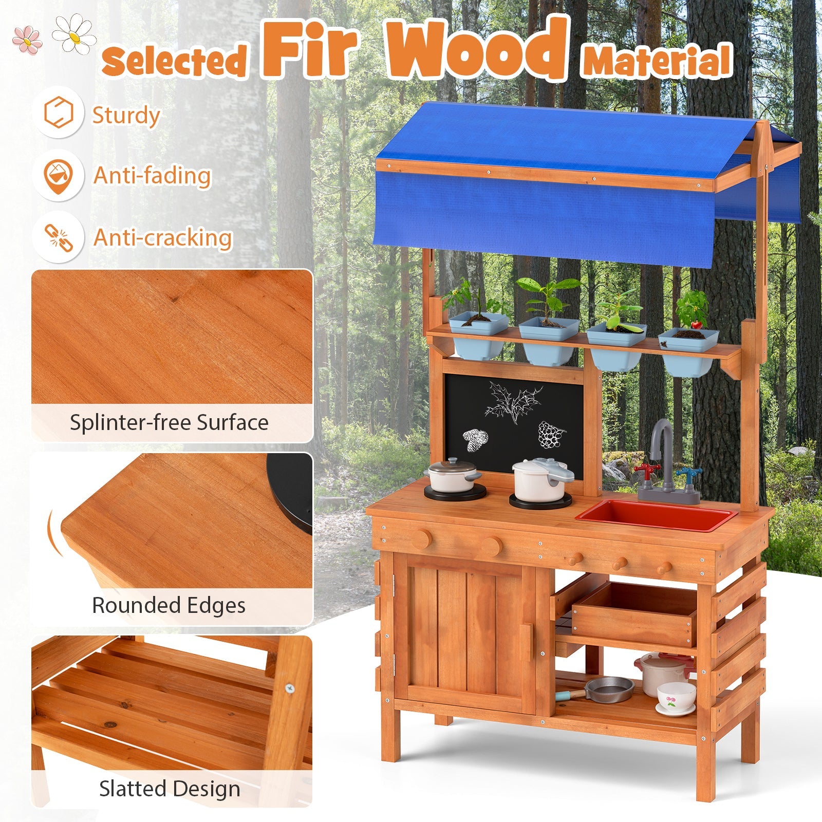 GBruno Wooden Pretend Play Kitchen with Height Adjustable Canopy for Kids-Natural