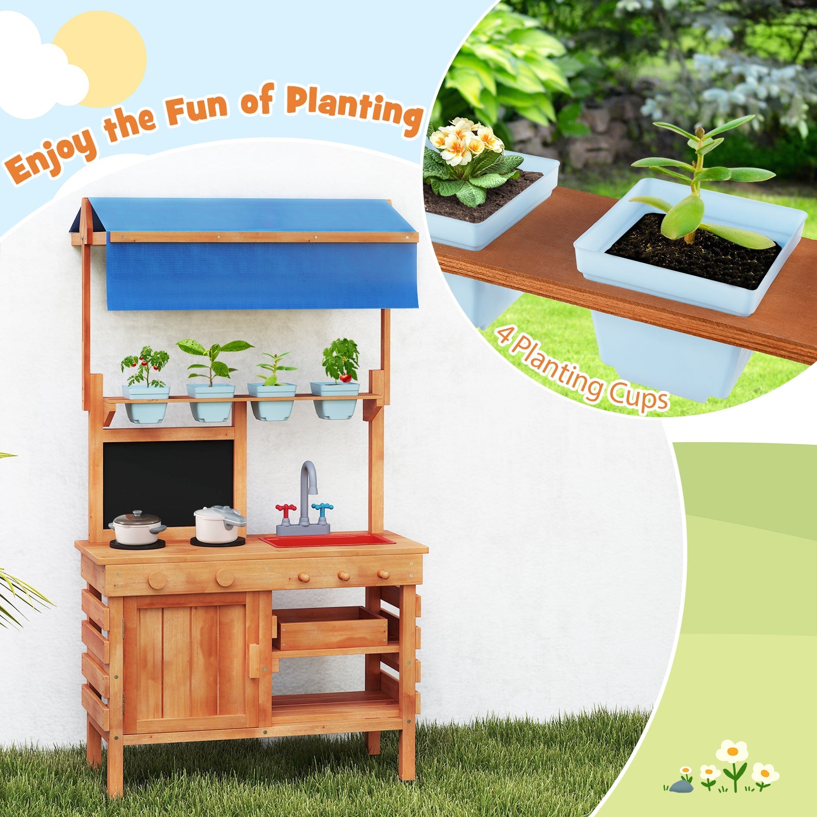 GBruno Wooden Pretend Play Kitchen with Height Adjustable Canopy for Kids-Natural